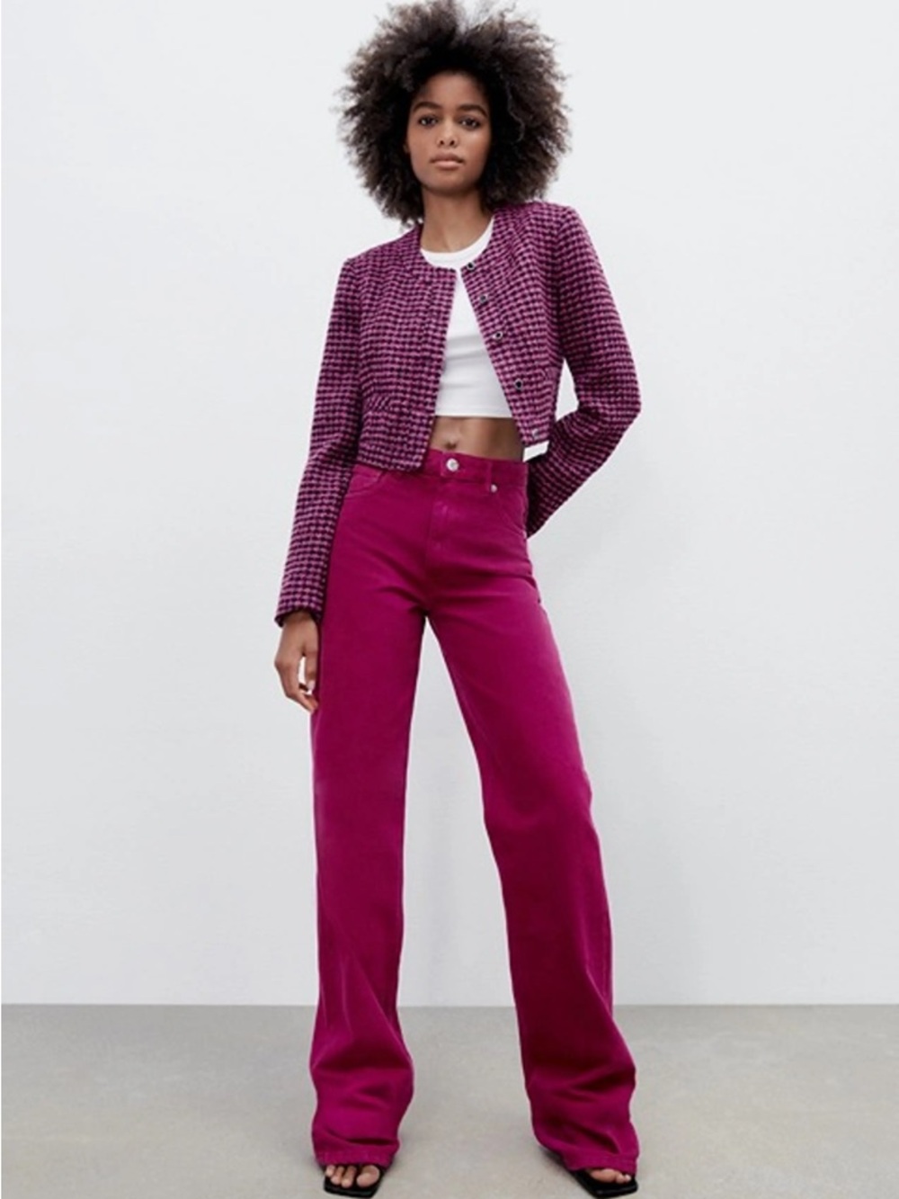 ZARA Tweed Cropped Jacket Pink Black Wool Blend Button Front Size M - Picture 11 of 16